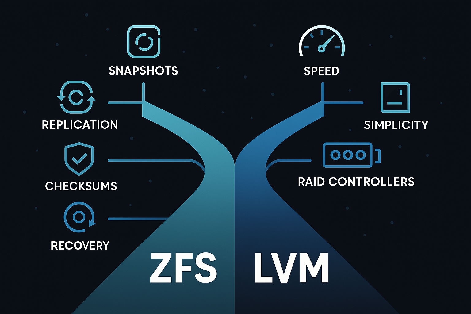 Illustration showing two diverging paths labelled ZFS and LVM. The ZFS path includes icons for snapshots, replication, checksums, and recovery. The LVM path includes icons for speed, simplicity, and RAID controllers. Designed in a dark, modern, flat style to compare local storage options in Proxmox VE.