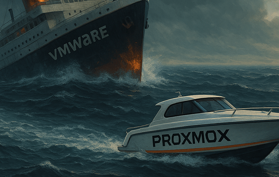 A sinking ship labelled “VMware” tilts in stormy seas with smoke and fire pouring from its smokestacks, while a modern lifeboat labelled “Proxmox” escapes toward calmer waters and sunlight.